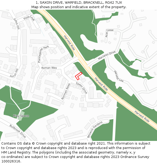 1, SAXON DRIVE, WARFIELD, BRACKNELL, RG42 7UX: Location map and indicative extent of plot