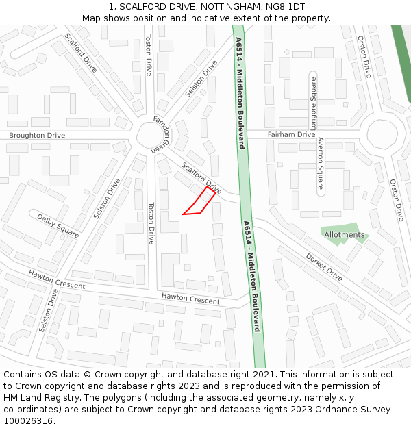 1, SCALFORD DRIVE, NOTTINGHAM, NG8 1DT: Location map and indicative extent of plot