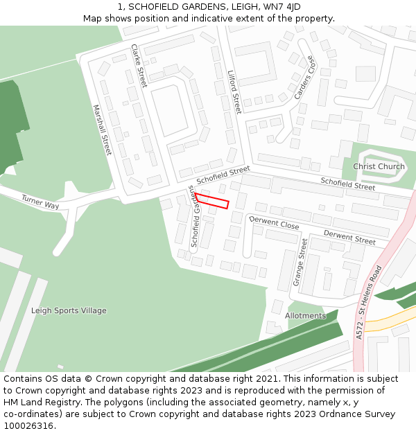 1, SCHOFIELD GARDENS, LEIGH, WN7 4JD: Location map and indicative extent of plot