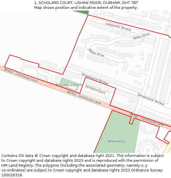 1, SCHOLARS COURT, USHAW MOOR, DURHAM, DH7 7BT: Location map and indicative extent of plot