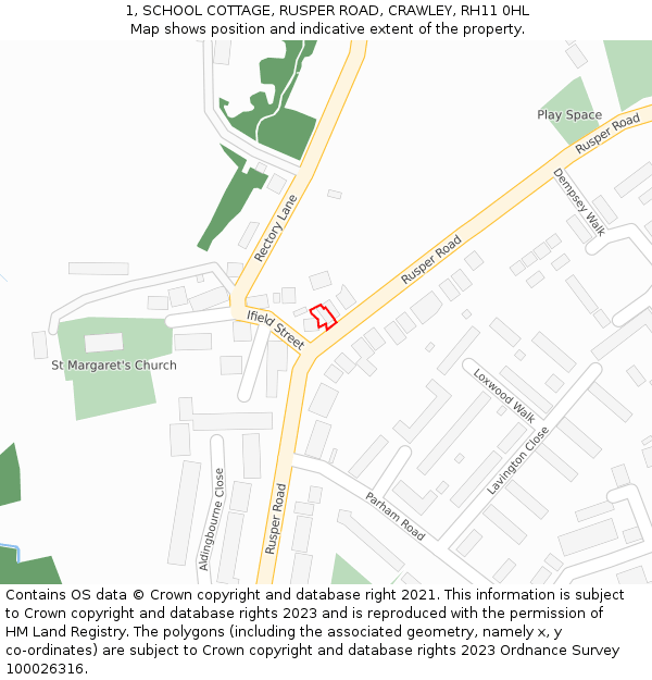 1, SCHOOL COTTAGE, RUSPER ROAD, CRAWLEY, RH11 0HL: Location map and indicative extent of plot