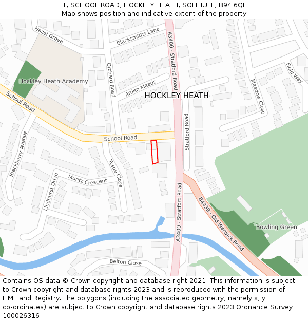 1, SCHOOL ROAD, HOCKLEY HEATH, SOLIHULL, B94 6QH: Location map and indicative extent of plot