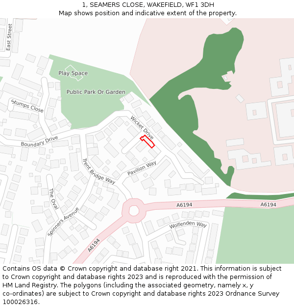 1, SEAMERS CLOSE, WAKEFIELD, WF1 3DH: Location map and indicative extent of plot