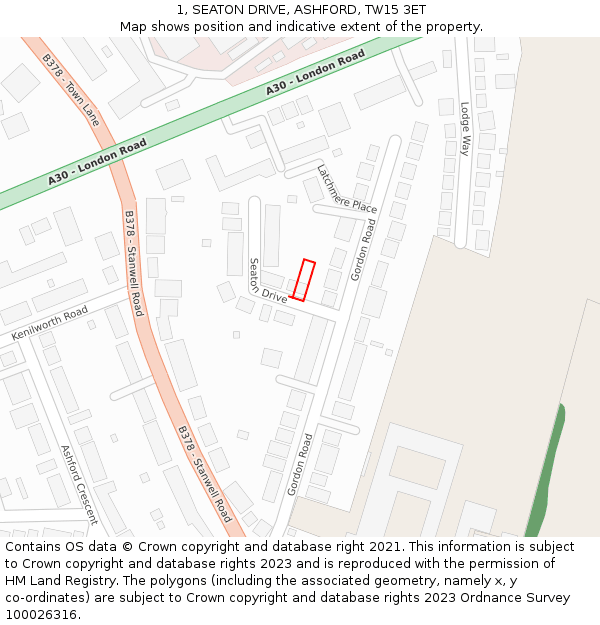 1, SEATON DRIVE, ASHFORD, TW15 3ET: Location map and indicative extent of plot