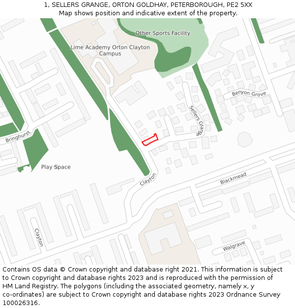 1, SELLERS GRANGE, ORTON GOLDHAY, PETERBOROUGH, PE2 5XX: Location map and indicative extent of plot