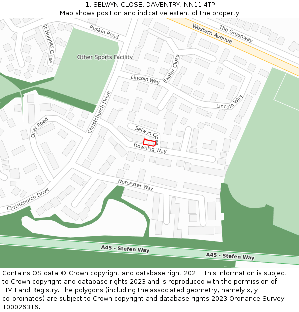 1, SELWYN CLOSE, DAVENTRY, NN11 4TP: Location map and indicative extent of plot