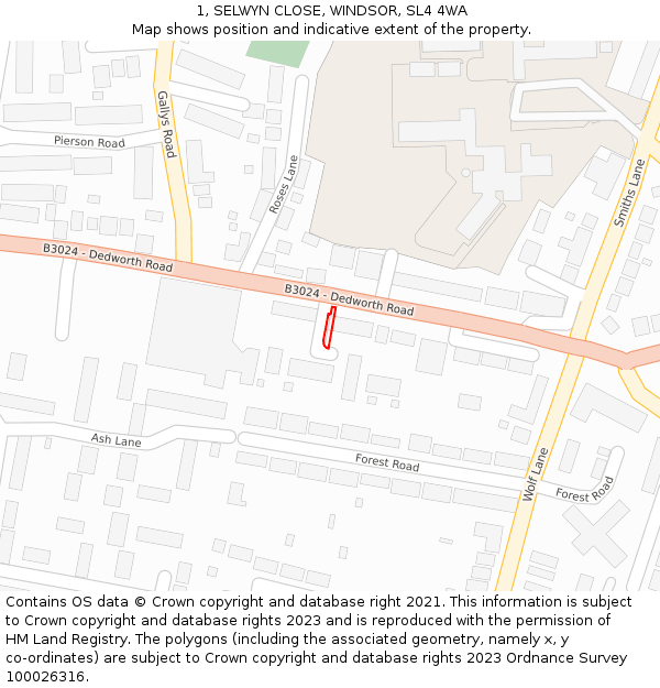 1, SELWYN CLOSE, WINDSOR, SL4 4WA: Location map and indicative extent of plot