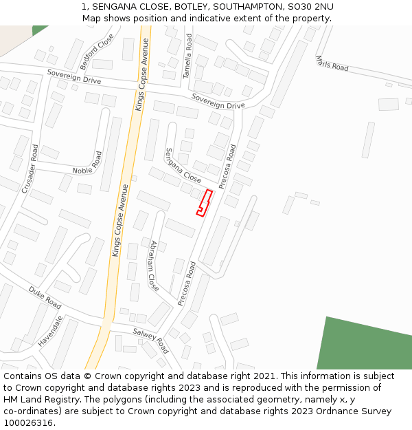 1, SENGANA CLOSE, BOTLEY, SOUTHAMPTON, SO30 2NU: Location map and indicative extent of plot