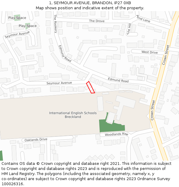 1, SEYMOUR AVENUE, BRANDON, IP27 0XB: Location map and indicative extent of plot