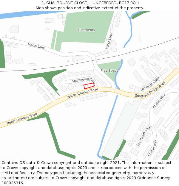 1, SHALBOURNE CLOSE, HUNGERFORD, RG17 0QH: Location map and indicative extent of plot