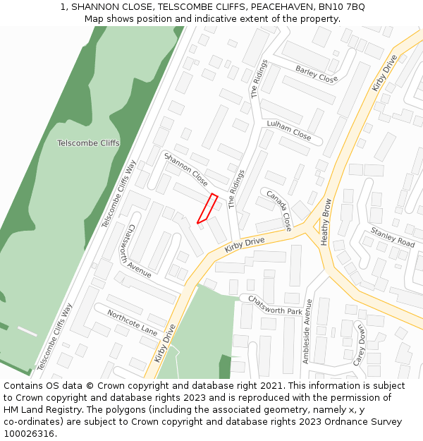 1, SHANNON CLOSE, TELSCOMBE CLIFFS, PEACEHAVEN, BN10 7BQ: Location map and indicative extent of plot