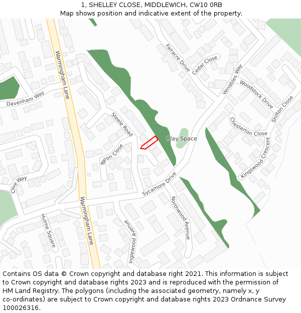 1, SHELLEY CLOSE, MIDDLEWICH, CW10 0RB: Location map and indicative extent of plot