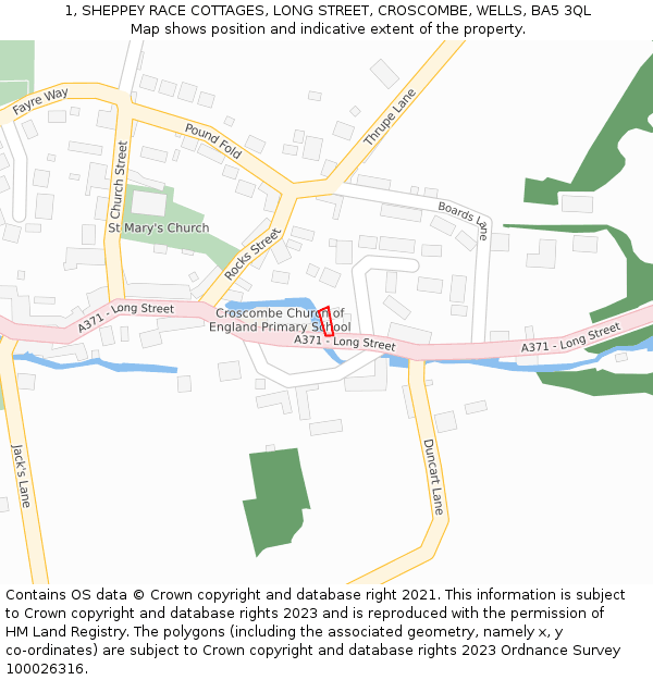1, SHEPPEY RACE COTTAGES, LONG STREET, CROSCOMBE, WELLS, BA5 3QL: Location map and indicative extent of plot