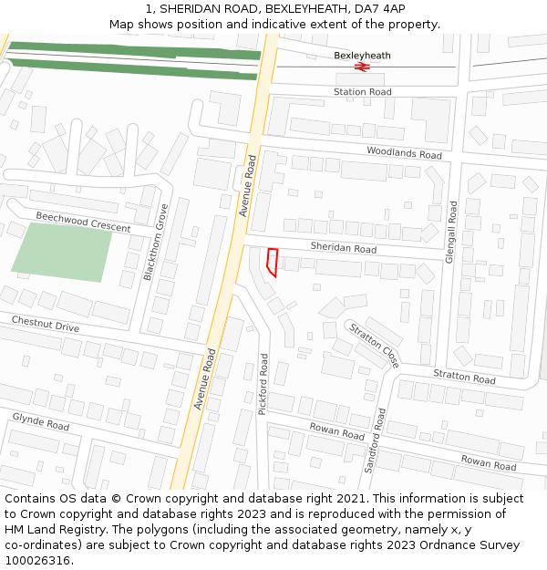 1, SHERIDAN ROAD, BEXLEYHEATH, DA7 4AP: Location map and indicative extent of plot