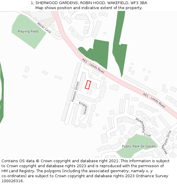 1, SHERWOOD GARDENS, ROBIN HOOD, WAKEFIELD, WF3 3BA: Location map and indicative extent of plot