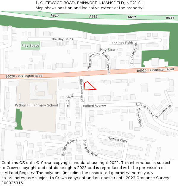 1, SHERWOOD ROAD, RAINWORTH, MANSFIELD, NG21 0LJ: Location map and indicative extent of plot