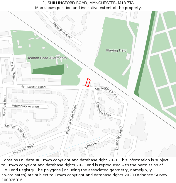 1, SHILLINGFORD ROAD, MANCHESTER, M18 7TA: Location map and indicative extent of plot