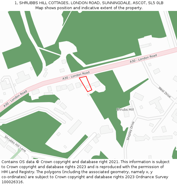 1, SHRUBBS HILL COTTAGES, LONDON ROAD, SUNNINGDALE, ASCOT, SL5 0LB: Location map and indicative extent of plot