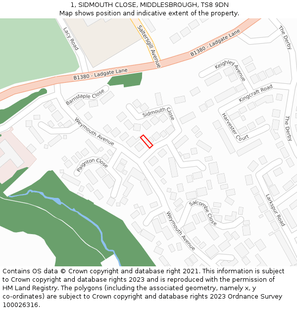 1, SIDMOUTH CLOSE, MIDDLESBROUGH, TS8 9DN: Location map and indicative extent of plot