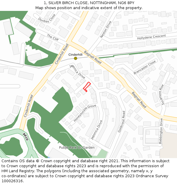 1, SILVER BIRCH CLOSE, NOTTINGHAM, NG6 8PY: Location map and indicative extent of plot