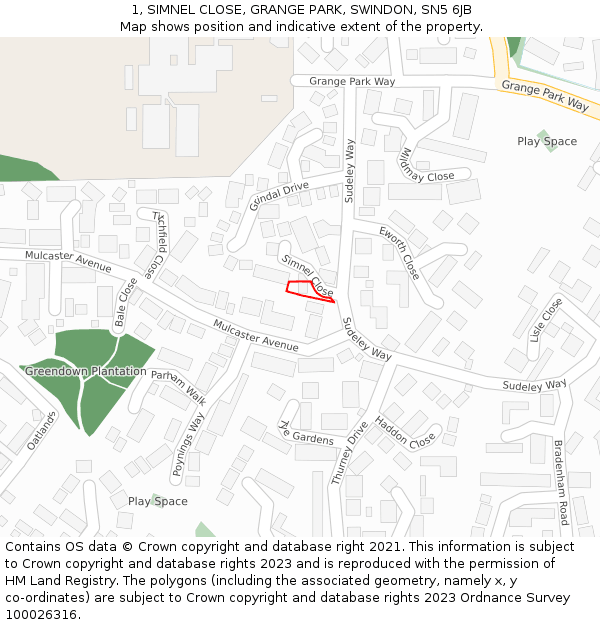 1, SIMNEL CLOSE, GRANGE PARK, SWINDON, SN5 6JB: Location map and indicative extent of plot