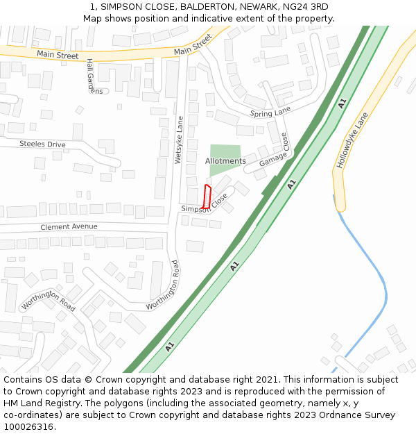 1, SIMPSON CLOSE, BALDERTON, NEWARK, NG24 3RD: Location map and indicative extent of plot