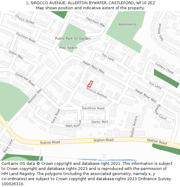 1, SIROCCO AVENUE, ALLERTON BYWATER, CASTLEFORD, WF10 2EZ: Location map and indicative extent of plot