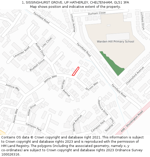 1, SISSINGHURST GROVE, UP HATHERLEY, CHELTENHAM, GL51 3FA: Location map and indicative extent of plot