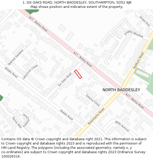 1, SIX OAKS ROAD, NORTH BADDESLEY, SOUTHAMPTON, SO52 9JB: Location map and indicative extent of plot