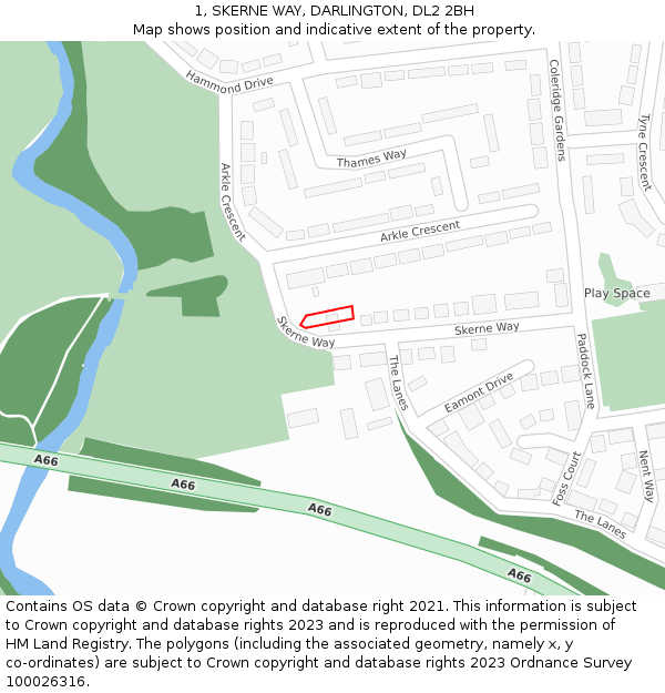 1, SKERNE WAY, DARLINGTON, DL2 2BH: Location map and indicative extent of plot