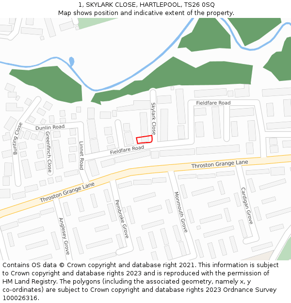 1, SKYLARK CLOSE, HARTLEPOOL, TS26 0SQ: Location map and indicative extent of plot