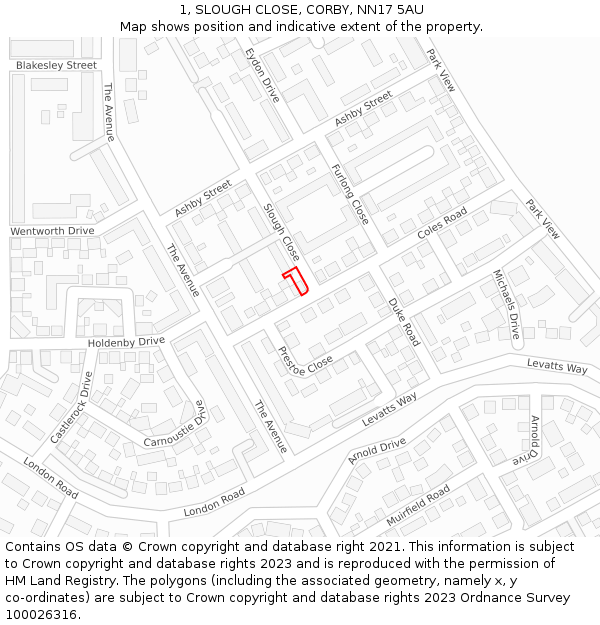 1, SLOUGH CLOSE, CORBY, NN17 5AU: Location map and indicative extent of plot