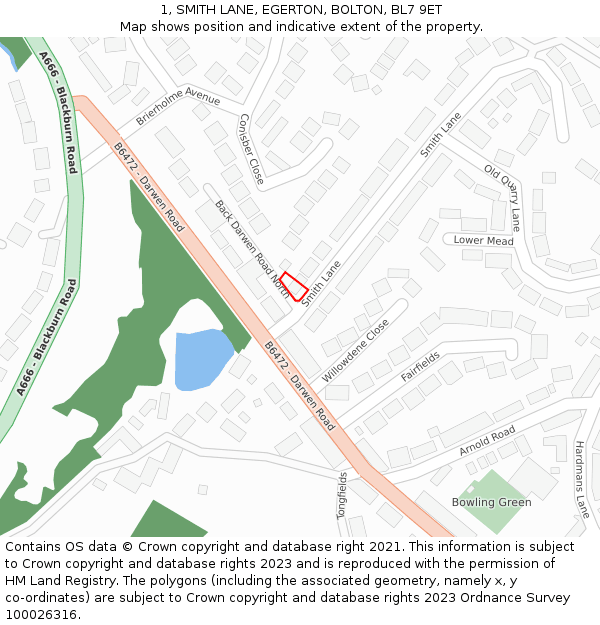 1, SMITH LANE, EGERTON, BOLTON, BL7 9ET: Location map and indicative extent of plot