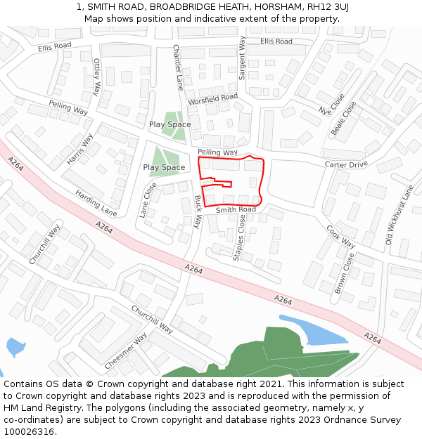 1, SMITH ROAD, BROADBRIDGE HEATH, HORSHAM, RH12 3UJ: Location map and indicative extent of plot