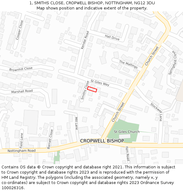 1, SMITHS CLOSE, CROPWELL BISHOP, NOTTINGHAM, NG12 3DU: Location map and indicative extent of plot