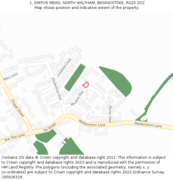 1, SMITHS MEAD, NORTH WALTHAM, BASINGSTOKE, RG25 2SZ: Location map and indicative extent of plot