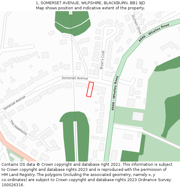 1, SOMERSET AVENUE, WILPSHIRE, BLACKBURN, BB1 9JD: Location map and indicative extent of plot