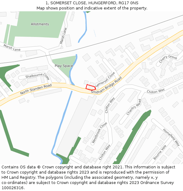 1, SOMERSET CLOSE, HUNGERFORD, RG17 0NS: Location map and indicative extent of plot