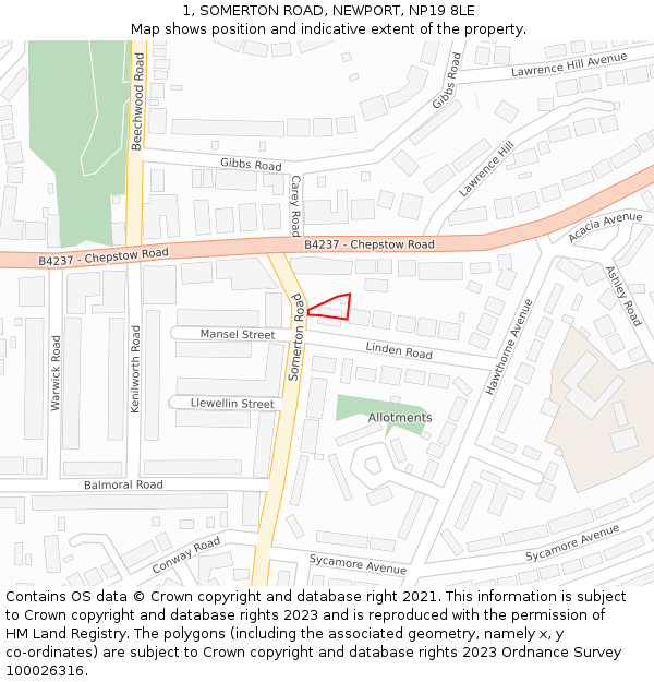 1, SOMERTON ROAD, NEWPORT, NP19 8LE: Location map and indicative extent of plot