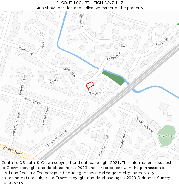 1, SOUTH COURT, LEIGH, WN7 1HZ: Location map and indicative extent of plot