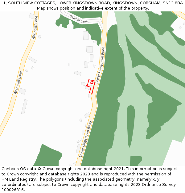 1, SOUTH VIEW COTTAGES, LOWER KINGSDOWN ROAD, KINGSDOWN, CORSHAM, SN13 8BA: Location map and indicative extent of plot