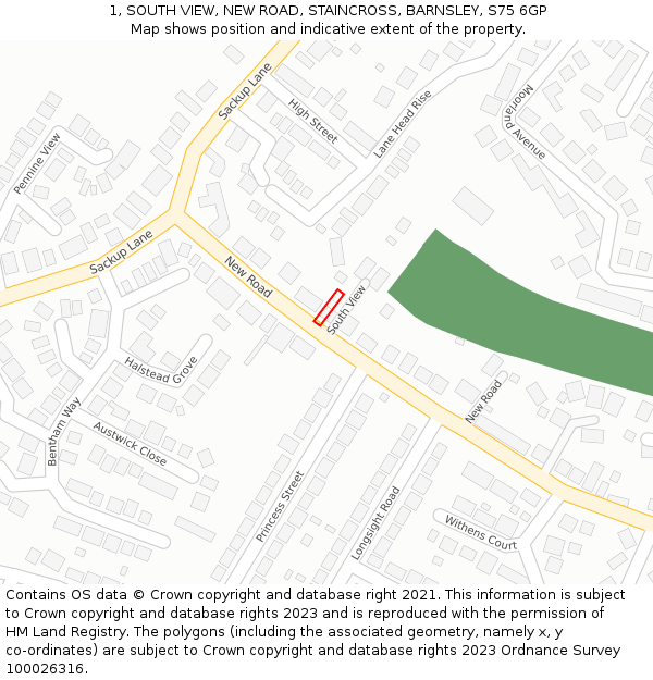 1, SOUTH VIEW, NEW ROAD, STAINCROSS, BARNSLEY, S75 6GP: Location map and indicative extent of plot