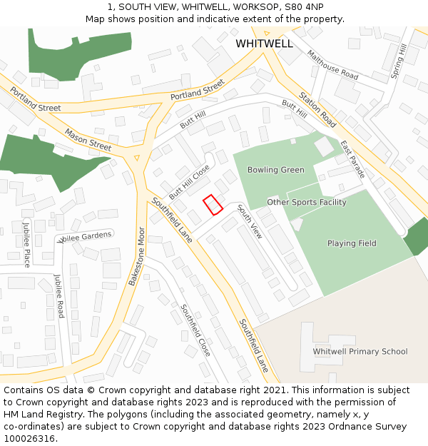 1, SOUTH VIEW, WHITWELL, WORKSOP, S80 4NP: Location map and indicative extent of plot