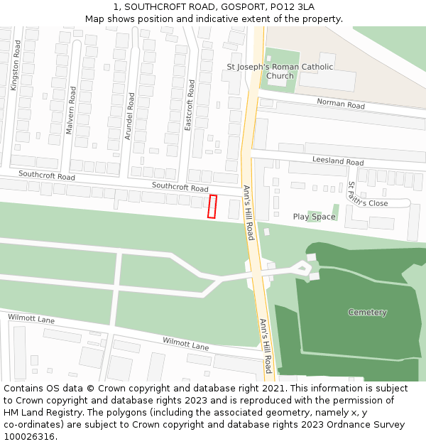 1, SOUTHCROFT ROAD, GOSPORT, PO12 3LA: Location map and indicative extent of plot