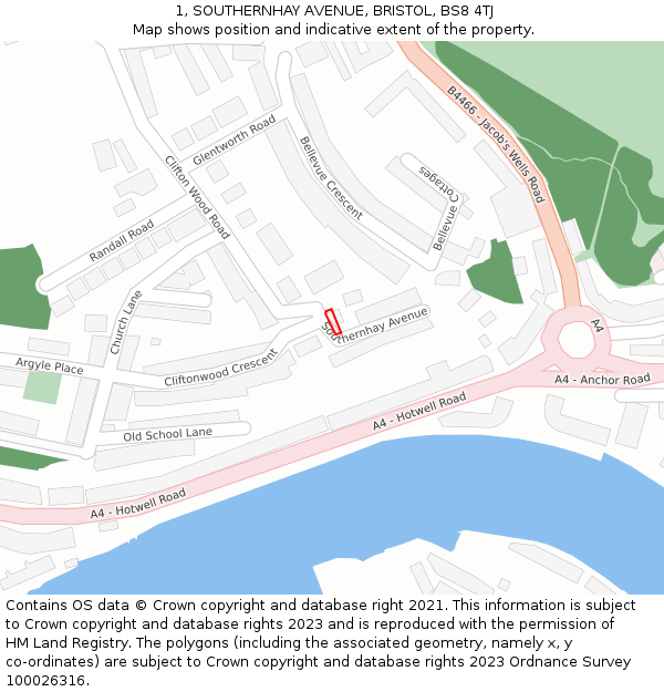 1, SOUTHERNHAY AVENUE, BRISTOL, BS8 4TJ: Location map and indicative extent of plot