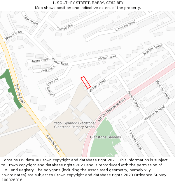 1, SOUTHEY STREET, BARRY, CF62 8EY: Location map and indicative extent of plot