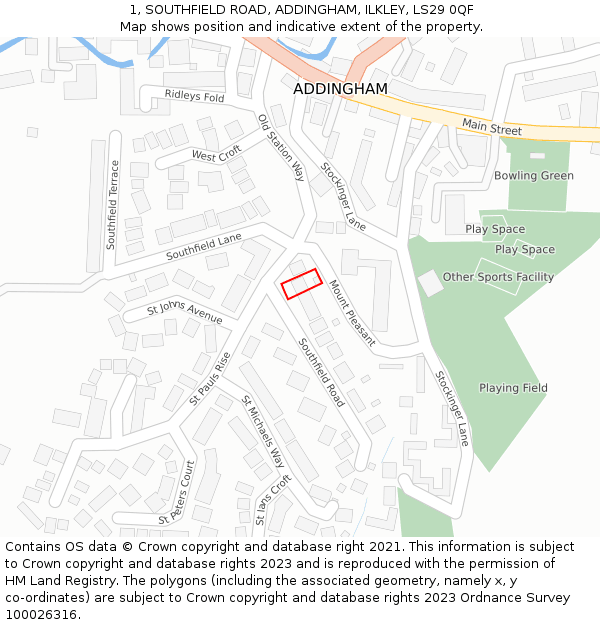 1, SOUTHFIELD ROAD, ADDINGHAM, ILKLEY, LS29 0QF: Location map and indicative extent of plot