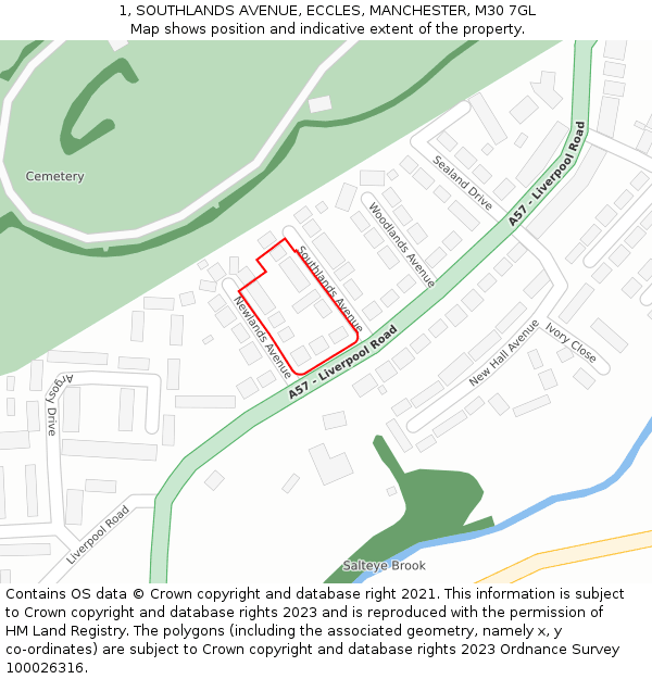 1, SOUTHLANDS AVENUE, ECCLES, MANCHESTER, M30 7GL: Location map and indicative extent of plot