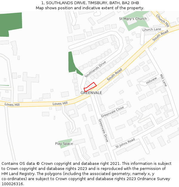 1, SOUTHLANDS DRIVE, TIMSBURY, BATH, BA2 0HB: Location map and indicative extent of plot