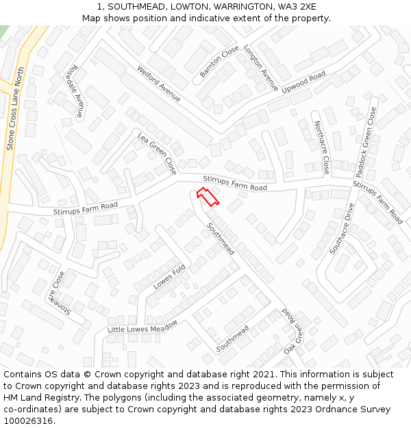 1, SOUTHMEAD, LOWTON, WARRINGTON, WA3 2XE: Location map and indicative extent of plot